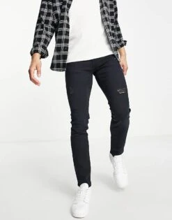 Jack & Jones Intelligence Liam Skinny Fit Jeans In Black With Rips For Men Black Denim -Men Style Shop 201859522 2