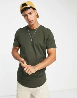 Jack & Jones Essentials Longline T-shirt With Curve Hem In Khaki For Men Forest Night