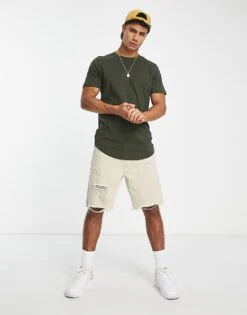 Jack & Jones Essentials Longline T-shirt With Curve Hem In Khaki For Men Forest Night -Men Style Shop 202854075 4