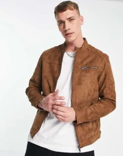 Jack & Jones Essentials Biker Jacket In Faux Suede Tan For Men Cognac -Men Style Shop 202954341 1 cognac 1