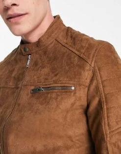 Jack & Jones Essentials Biker Jacket In Faux Suede Tan For Men Cognac -Men Style Shop 202954341 3