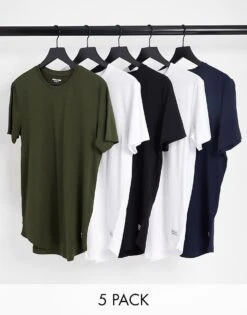 Jack & Jones 5 Pack Longline Hem Crew T-shirt In Muiti For Men White Black Green Na -Men Style Shop 203084084 1 whiteblackgreenna 1