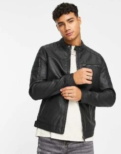 Jack & Jones Essentials Faux Leather Racer Jacket In Black For Men -Men Style Shop 203517412 1 black 1