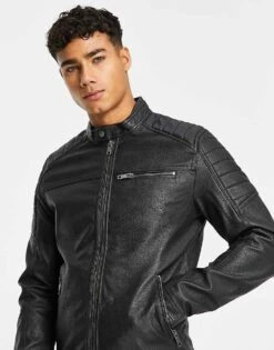 Jack & Jones Essentials Faux Leather Racer Jacket In Black For Men -Men Style Shop 203517412 3