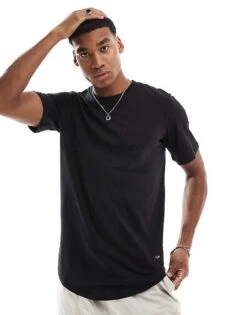 Jack & Jones Essentials Longline T-shirt With Curve Hem & Pocket In Black For Men
