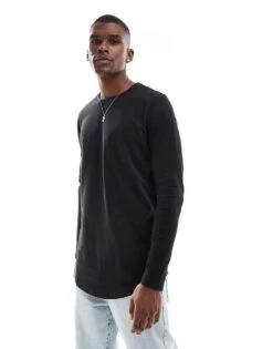 Jack & Jones Essentials Longline Long Sleeve T-shirt With Curve Hem In Black For Men -Men Style Shop 204246316 1 black 1