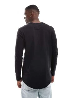 Jack & Jones Essentials Longline Long Sleeve T-shirt With Curve Hem In Black For Men -Men Style Shop 204246316 3