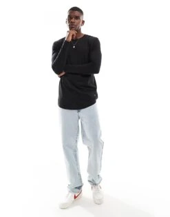 Jack & Jones Essentials Longline Long Sleeve T-shirt With Curve Hem In Black For Men -Men Style Shop 204246316 4