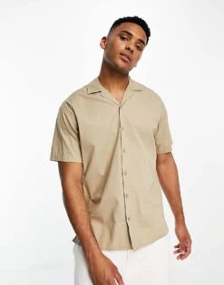 Jack & Jones Short Sleeve Revere Shirt In Stone For Men Neutral -Men Style Shop 204285199 1 neutral 1