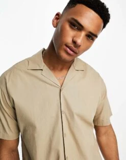Jack & Jones Short Sleeve Revere Shirt In Stone For Men Neutral -Men Style Shop 204285199 4