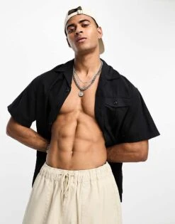 Jack & Jones Core Revre Collar Shirt In Linen Mix With Utility Pocket In Black For Men -Men Style Shop 204378250 1 black 1