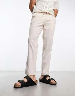 Jack & Jones Intelligence Drawstring Linen Mix Trouser In Cream For Men Moonbeam -Men Style Shop 204389974 4