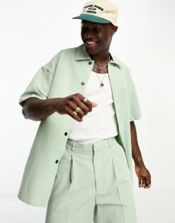 Jack & Jones Originals Oversized Clean Revere Collar Shirt In Grey Co-ord For Men Aqua Gray -Men Style Shop 204390988 4