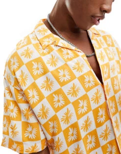 Jack & Jones Originals Revere Collar Shirt With Tile Print In Orange For Men Dark Cheddar -Men Style Shop 204645579 2