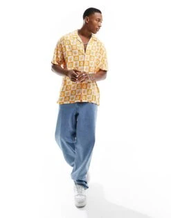 Jack & Jones Originals Revere Collar Shirt With Tile Print In Orange For Men Dark Cheddar -Men Style Shop 204645579 3