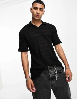 Jack & Jones Originals Knitted Revere Collar Polo In Black For Men