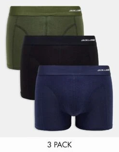 Jack & Jones 3 Pack Trunks In Bamboo Khaki & Black For Men Forest Night