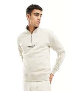 Jack & Jones 1/4 Zip Sweat With Central Logo In Beige For Men Moonbeam -Men Style Shop 204914050 1 moonbeam 1
