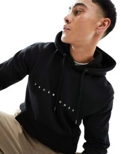 Jack & Jones Embroidered Logo Hoodie In Black For Men