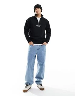 Jack & Jones 1/4 Zip Sweat With Central Logo In Black For Men -Men Style Shop 205657233 3