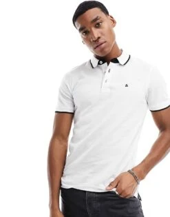 Jack & Jones Essentials Slim Fit Tipped Pique Logo Polo In White For Men -Men Style Shop 205657242 1 white 1