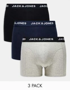 Jack & Jones 3 Pack Trunks In Multi Grey With Logo Waistband For Men Black Blue Nights -Men Style Shop 205685122 1 blackbluenights 1