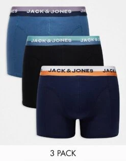 Jack & Jones 3 Pack Trunks In Multi Blue With Logo Waistband For Men Black Navy Blazer -Men Style Shop 205685456 1 blacknavyblazer 1