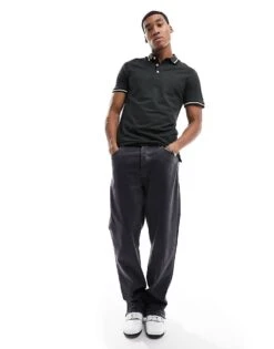 Jack & Jones Slim Fit Tipped Pique Logo Polo In Khaki For Men Forest Night -Men Style Shop 205698088 3