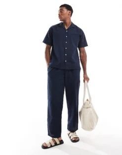 Jack & Jones Co-ord Seersucker Shirt With Revere Collar In Navy For Men Navy Blazer -Men Style Shop 205761233 2