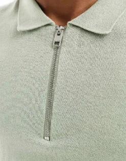 Jack & Jones Knitted Polo With Zip In Mint For Men Desert Sage -Men Style Shop 205764536 4