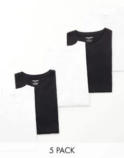 Jack & Jones 5 Pack Of Longline T-shirt With Curved Hem In Black & White For Men Black White