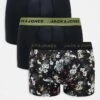 Jack & Jones 3 Pack Trunks In Black Floral & Black For Men