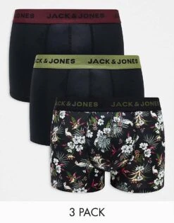 Jack & Jones 3 Pack Trunks In Black Floral & Black For Men