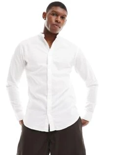 Jack & Jones Linen Shirt With Grandad Neck In White For Men -Men Style Shop 205930579 1 white 1