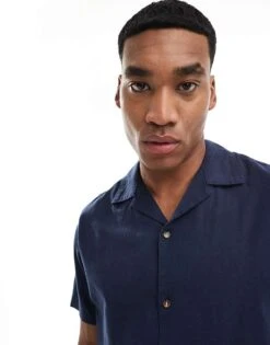 Jack & Jones Linen Shirt With Revere Collar In Navy For Men Navy Blazer -Men Style Shop 205930678 1 navyblazer 1