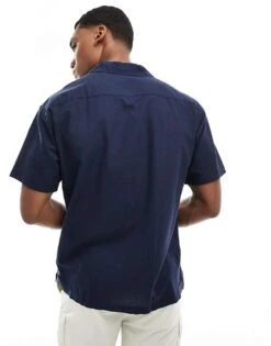 Jack & Jones Linen Shirt With Revere Collar In Navy For Men Navy Blazer -Men Style Shop 205930678 3