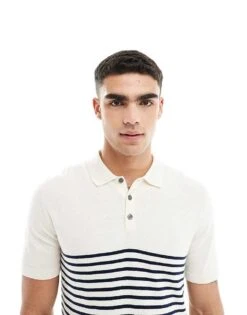 Jack & Jones Knitted Polo In White And Navy Stripes For Men Cloud Dancer Navy Bl -Men Style Shop 205930974 3