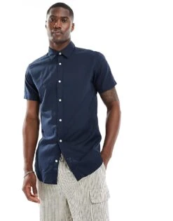 Jack & Jones Linen Shirt With Short Sleeves In Navy For Men Navy Blazer -Men Style Shop 205931037 3