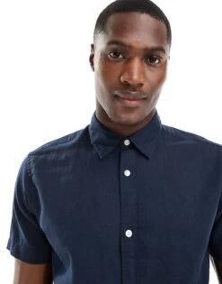 Jack & Jones Linen Shirt With Short Sleeves In Navy For Men Navy Blazer -Men Style Shop 205931037 4