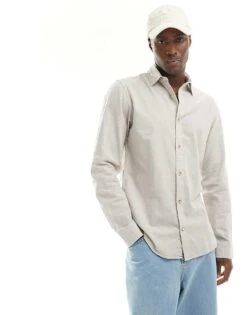 Jack & Jones Long Sleeve Linen Shirt In Beige For Men Crockery