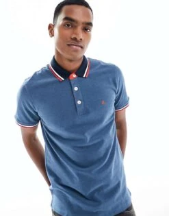 Jack & Jones Essentials Slim Fit Tipped Pique Logo Polo In Blue For Men Denim Blue Detail:sl -Men Style Shop 206040475 1 denimbluedetailsl 1