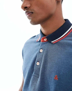 Jack & Jones Essentials Slim Fit Tipped Pique Logo Polo In Blue For Men Denim Blue Detail:sl -Men Style Shop 206040475 2