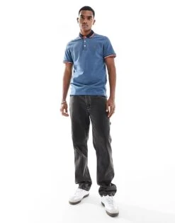 Jack & Jones Essentials Slim Fit Tipped Pique Logo Polo In Blue For Men Denim Blue Detail:sl -Men Style Shop 206040475 4