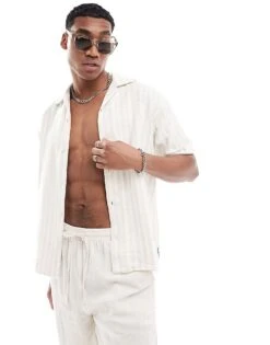 Jack & Jones Originals Revere Collar Textured Stripe Shirt In Beige For Men Fields Of Rye -Men Style Shop 206040546 1 fieldsofrye 1