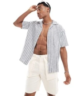 Jack & Jones Oversized Textured Shirt In Blue Stripe For Men Sky Captain -Men Style Shop 206091558 1 skycaptain 1