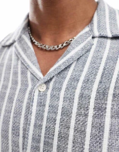 Jack & Jones Oversized Textured Shirt In Blue Stripe For Men Sky Captain -Men Style Shop 206091558 3