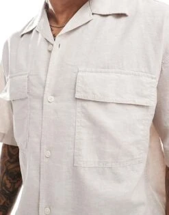 Jack & Jones Oversized Utility Pocket Linen Shirt In Beige For Men Crockery -Men Style Shop 206091643 2