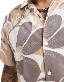 Jack & Jones Premium Cotton Revere Collar Shirt In Brown Retro Floral For Men Travertine -Men Style Shop 206091660 4