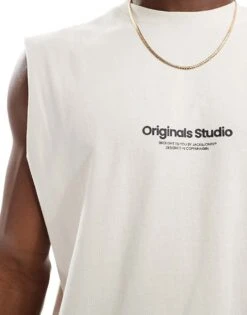 Jack & Jones Oversized Vest With Chest Logo In Beige For Men Moonbeam -Men Style Shop 206091708 3