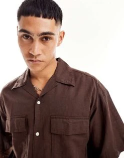 Jack & Jones Oversized Utility Pocket Linen Shirt In Brown For Men Seal Brown -Men Style Shop 206091720 4